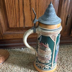 Vintage German Beer Stein with Lid - Green and Brown